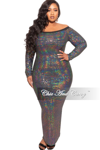 Final Sale Plus Size Off The Shoulder Faux Sequin Gown with Back Slit in Black/Silver