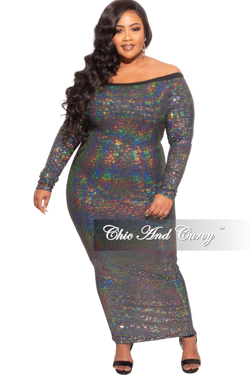 Final Sale Plus Size Off The Shoulder Faux Sequin Gown with Back Slit in Black/Silver