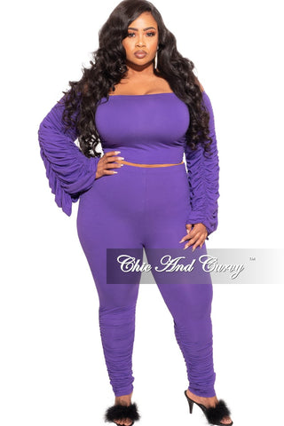 Final Sale Plus Size 2-Piece Set Ruched Top and Pants Set in Purple