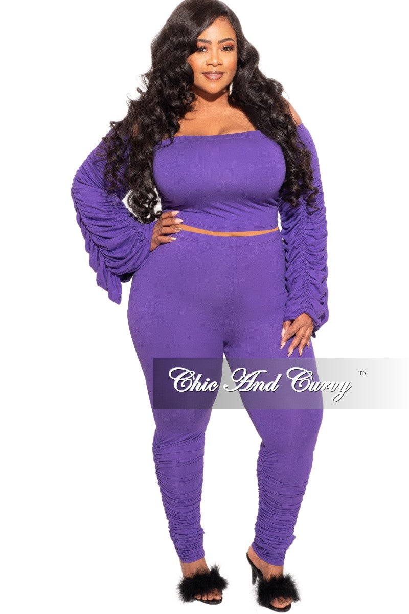 Final Sale Plus Size 2-Piece Set Ruched Top and Pants Set in Purple