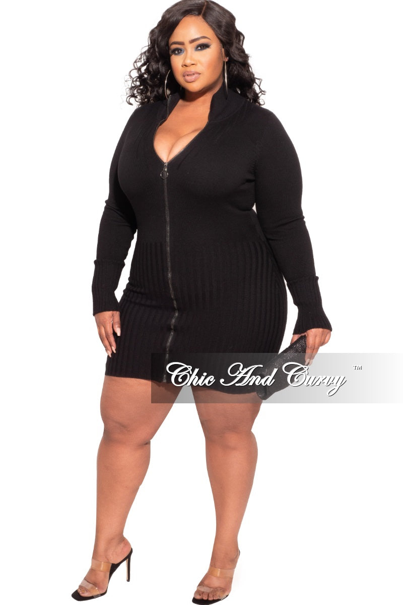 Final Sale Plus Size Long Sleeve Ribbed Knitted Mini Dress/Tunic in Black