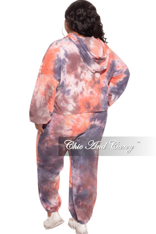 Final Sale Plus Size Long Sleeve Hooded Jogging Set in Navy & Rust Tie Dye
