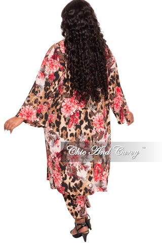 Final Sale Plus Size 3-Piece (Duster, Bandeau Top and Pants) Set in Animal Print with Pink Flowers