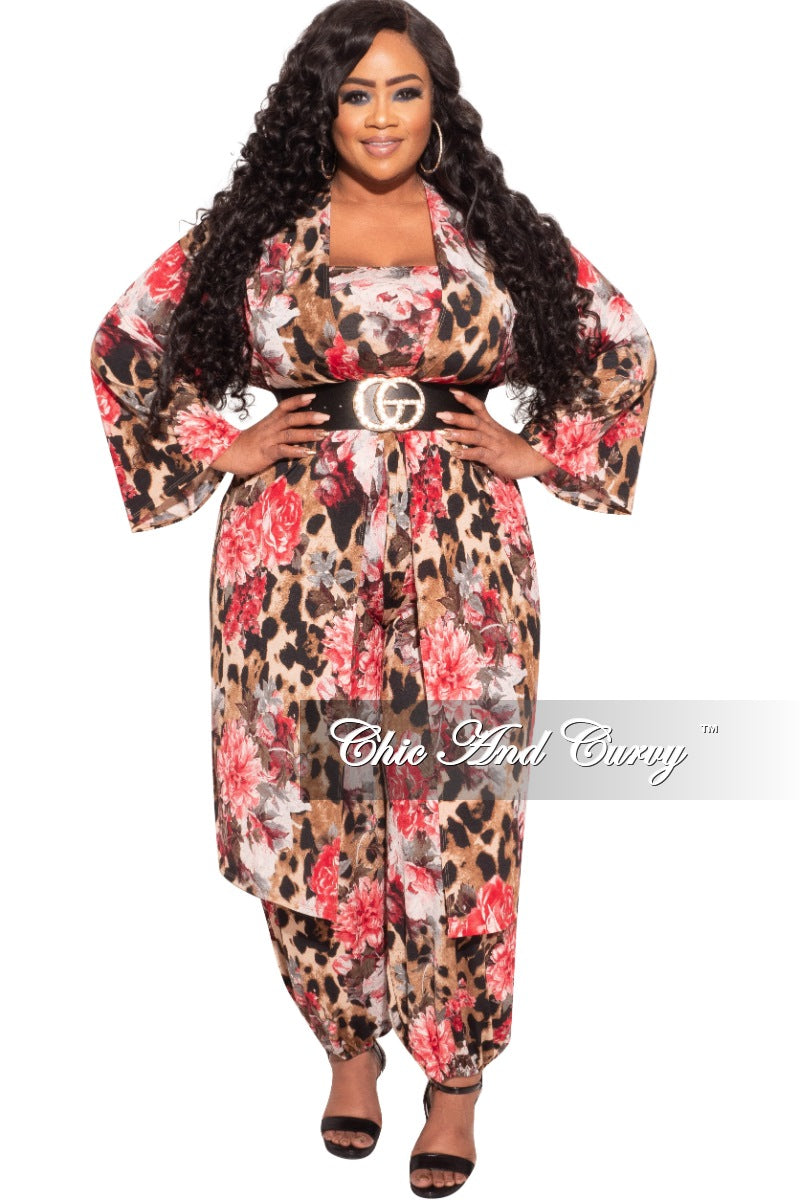 Final Sale Plus Size 3-Piece (Duster, Bandeau Top and Pants) Set in Animal Print with Pink Flowers