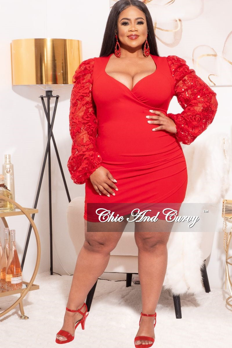 Final Sale Plus Size Mini Bodycon Dress with Organza & Sequin Sleeves in Red