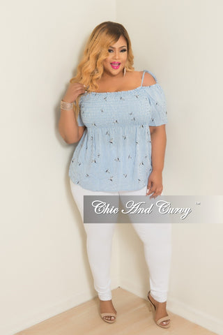 Final Sale Plus Size Hummingbird Stripe Printed Cold Shoulder Top in Powder Blue and White
