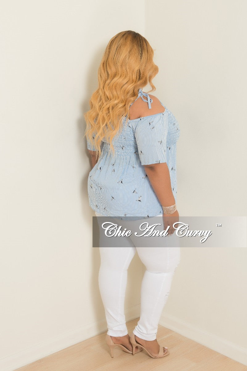 Final Sale Plus Size Hummingbird Stripe Printed Cold Shoulder Top in Powder Blue and White