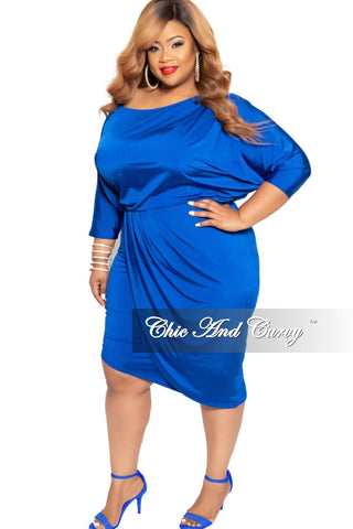New Plus Size BodyCon Dress with 3/4 Sleeves and Front Overlay in Royal Blue