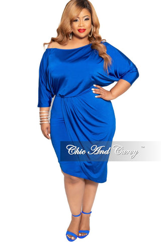 New Plus Size BodyCon Dress with 3/4 Sleeves and Front Overlay in Royal Blue