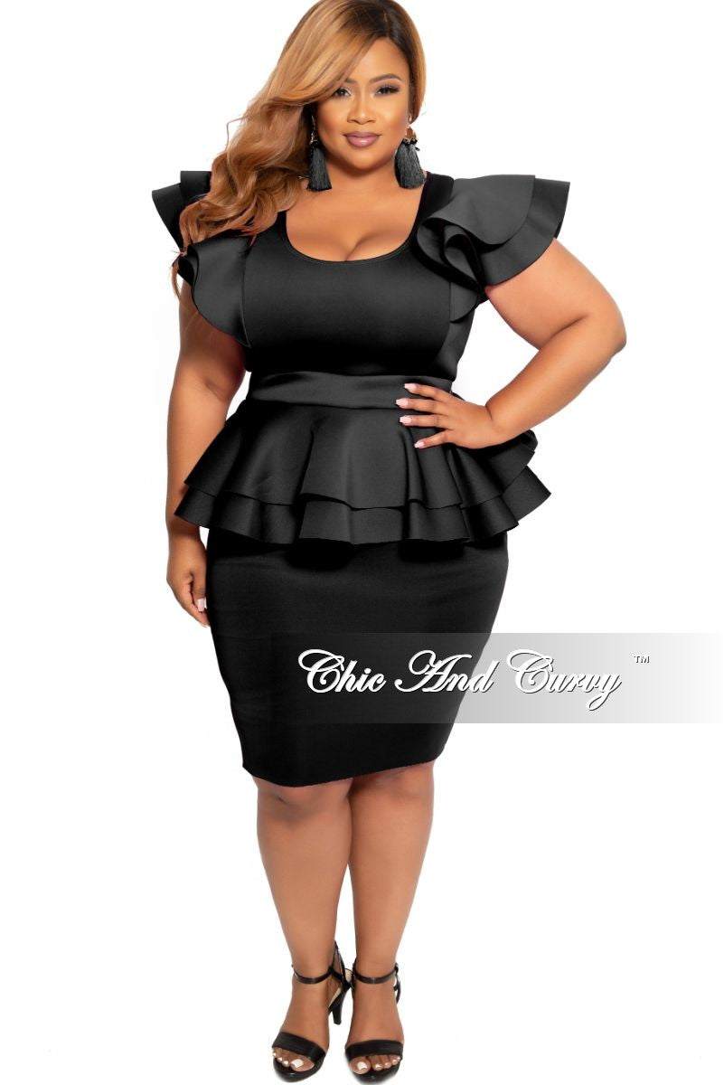 Final Sale Plus Size Peplum BodyCon Dress with Layered Sleeves in Black