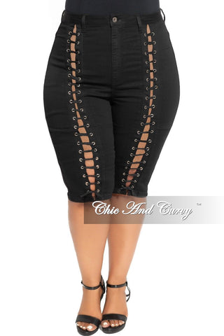 Final Sale Plus Size Bermuda Shorts with Lace-Up Front in Black