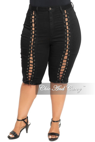 Final Sale Plus Size Bermuda Shorts with Lace-Up Front in Black