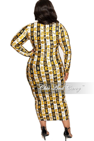 Final Sale Plus Size Reversible BodyCon Dress in Black White and Gold Design Print