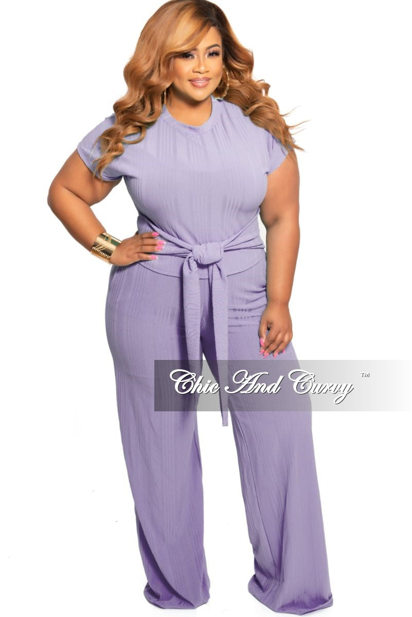 New Plus Size 2-Piece Ribbed Tie Top and Pants Set in Lavender