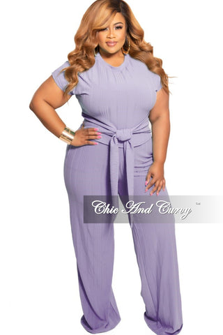 New Plus Size 2-Piece Ribbed Tie Top and Pants Set in Lavender