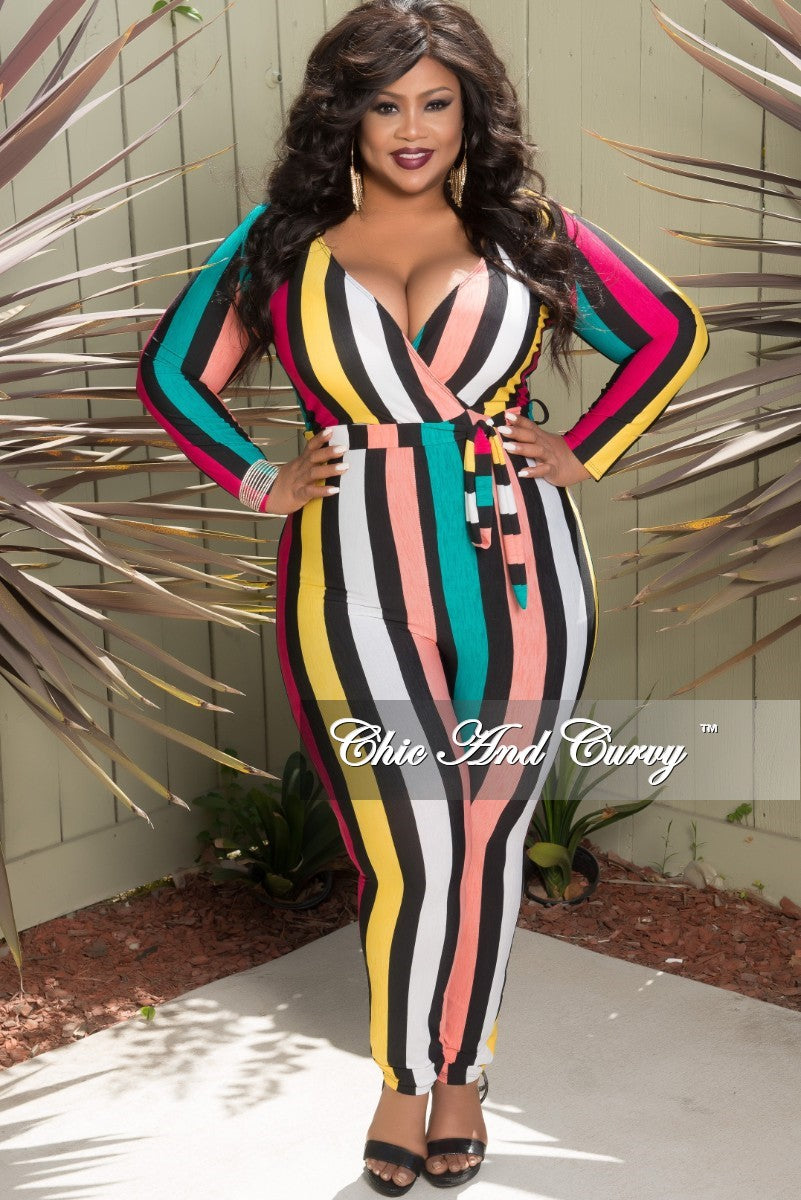 Final Sale Plus Size Stripe Faux Wrap Jumpsuit with Attached in Multi Color Print
