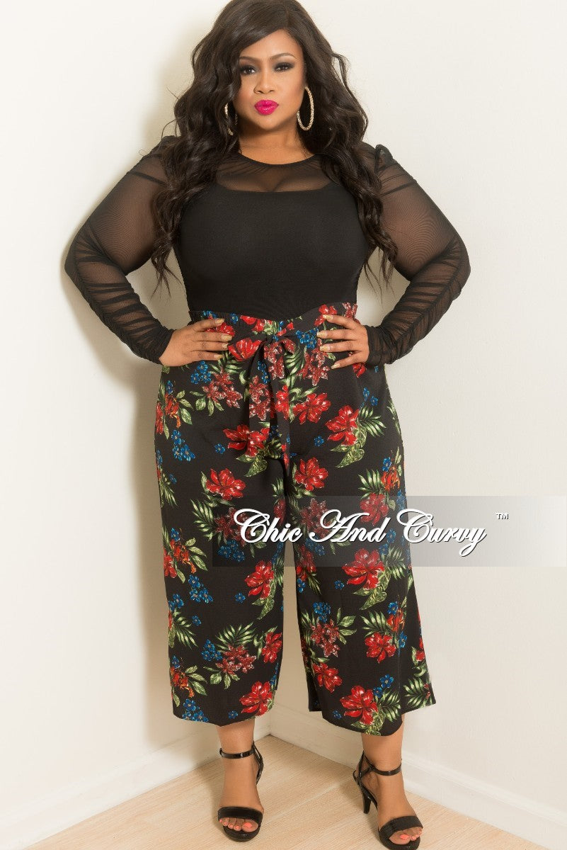 Final Sale Plus Size Loose Fitted Pants with Attached Tie in Black Floral Print