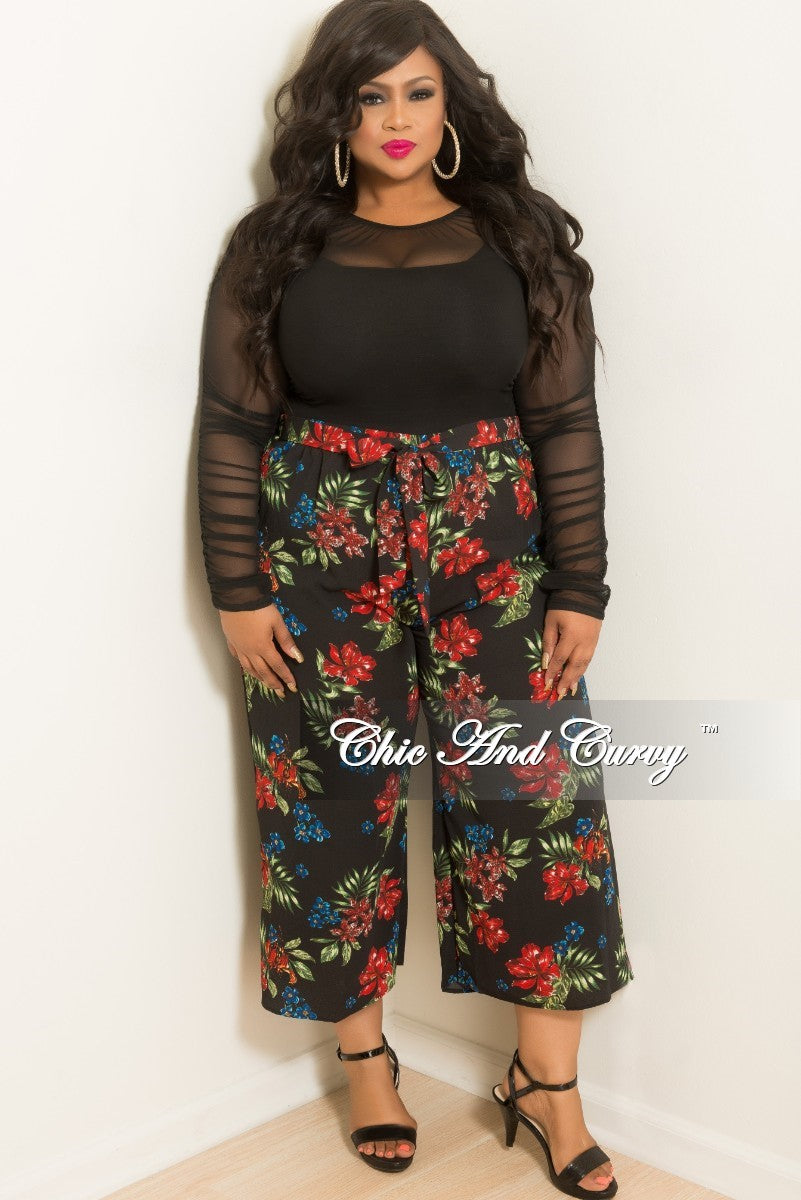 Final Sale Plus Size Loose Fitted Pants with Attached Tie in Black Floral Print