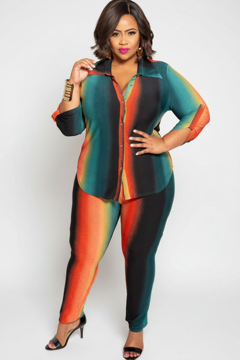 Final Sale Plus Size 2-Piece Button Up Collar Top and Pants Set in Orange Mustard and Teal Ombré