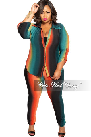 Final Sale Plus Size 2-Piece Button Up Collar Top and Pants Set in Orange Mustard and Teal Ombré