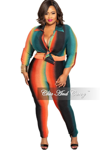 Final Sale Plus Size 2-Piece Button Up Collar Top and Pants Set in Orange Mustard and Teal Ombré