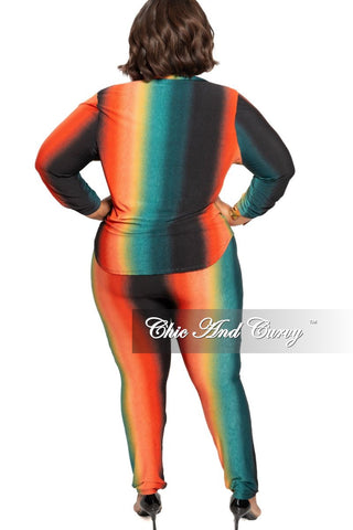 Final Sale Plus Size 2-Piece Button Up Collar Top and Pants Set in Orange Mustard and Teal Ombré