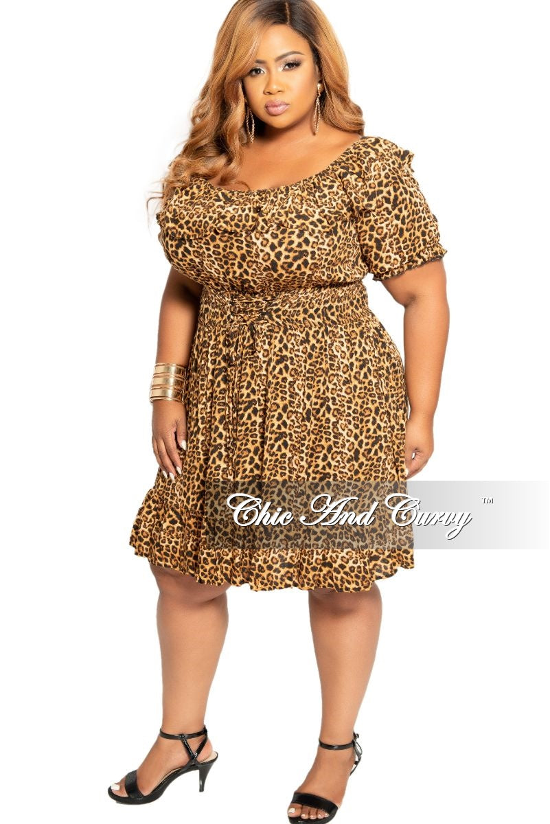 Final Sale Plus Size Off the Shoulder Dress with Corset Waist in Leopard Print