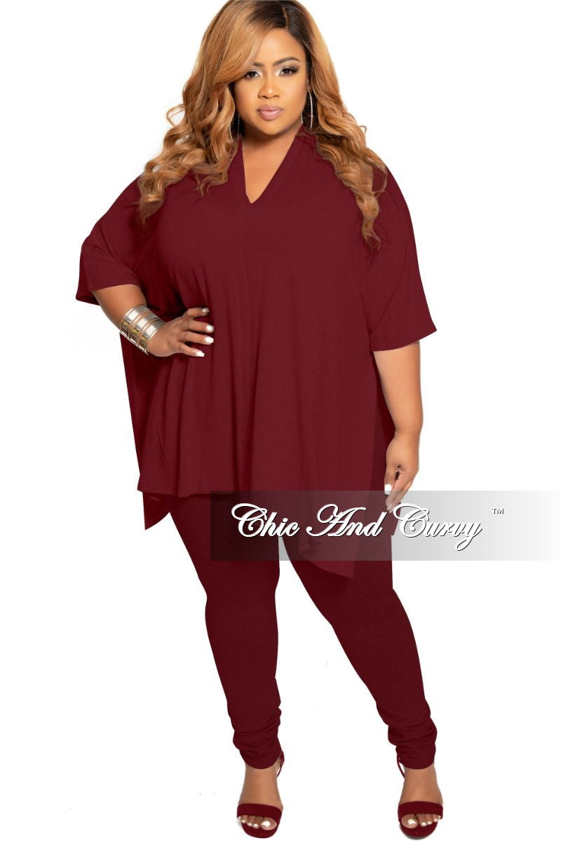 New Plus Size 2-Piece V-Neck Tunic Top and Matching Legging Set in Burgundy