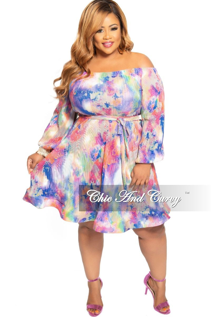 New Plus Size Off the Shoulder Pleated Flare Dress with Attached Tie i ...