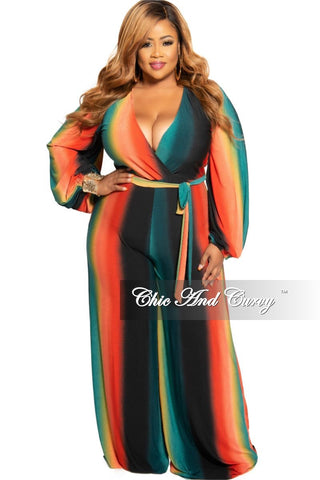 Final Sale Plus Size Faux Wrap Jumpsuit with Attached Tie in Orange Mustard and Teal Ombré