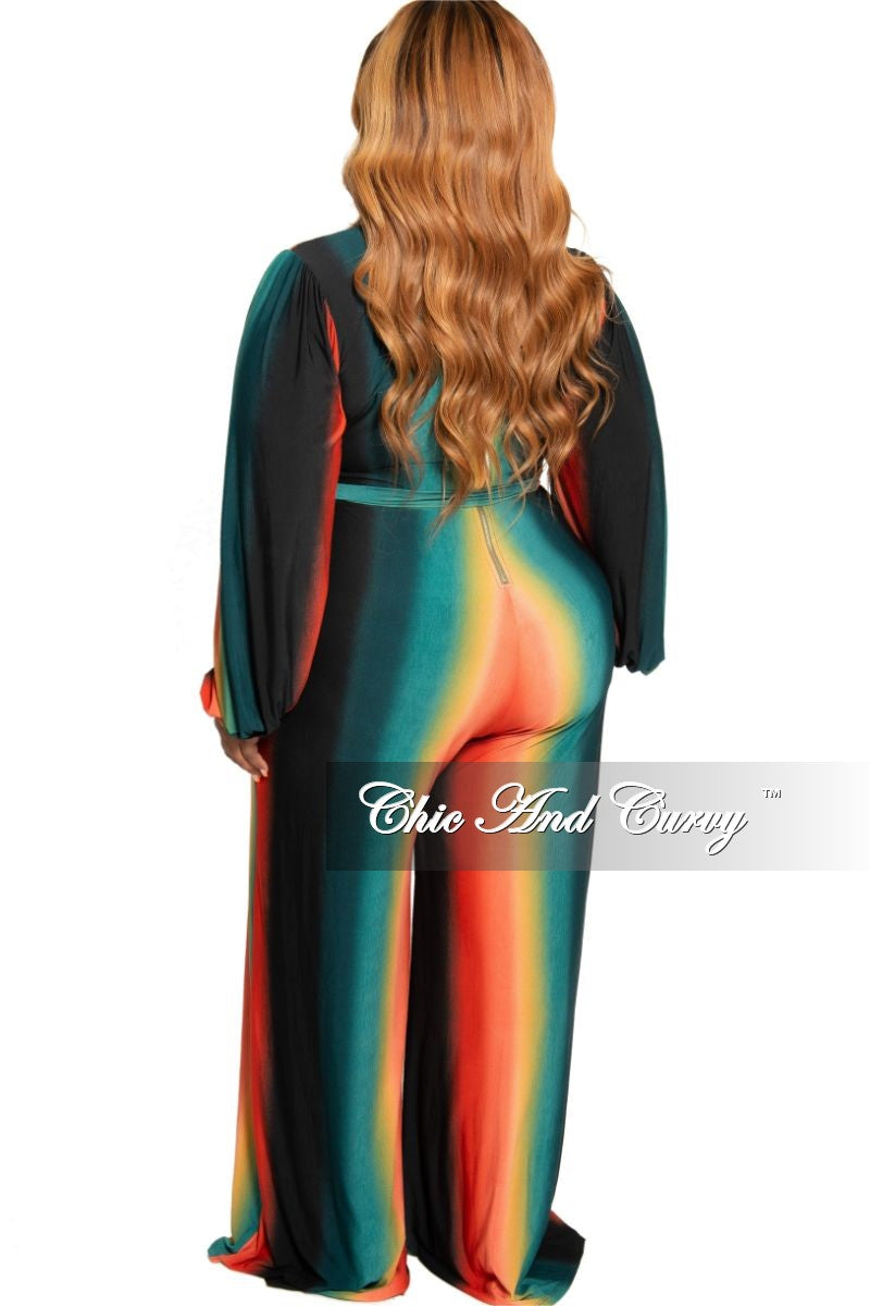 Final Sale Plus Size Faux Wrap Jumpsuit with Attached Tie in Orange Mustard and Teal Ombré