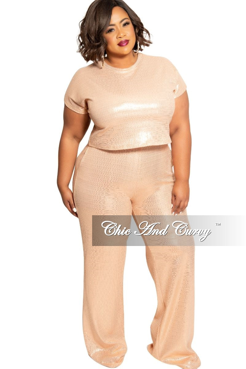 Final Sale Plus Size 2-Piece Ribbed Foil Top and Pants Set in Peachy Gold