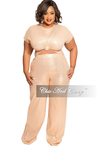 Final Sale Plus Size 2-Piece Ribbed Foil Top and Pants Set in Peachy Gold