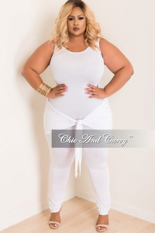 Final Sale Plus Size Jumpsuit with Attached Tie in White