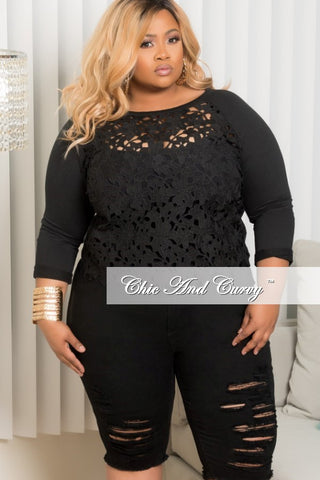 Final Sale Plus Size Embroidered Lace Front Top in Black