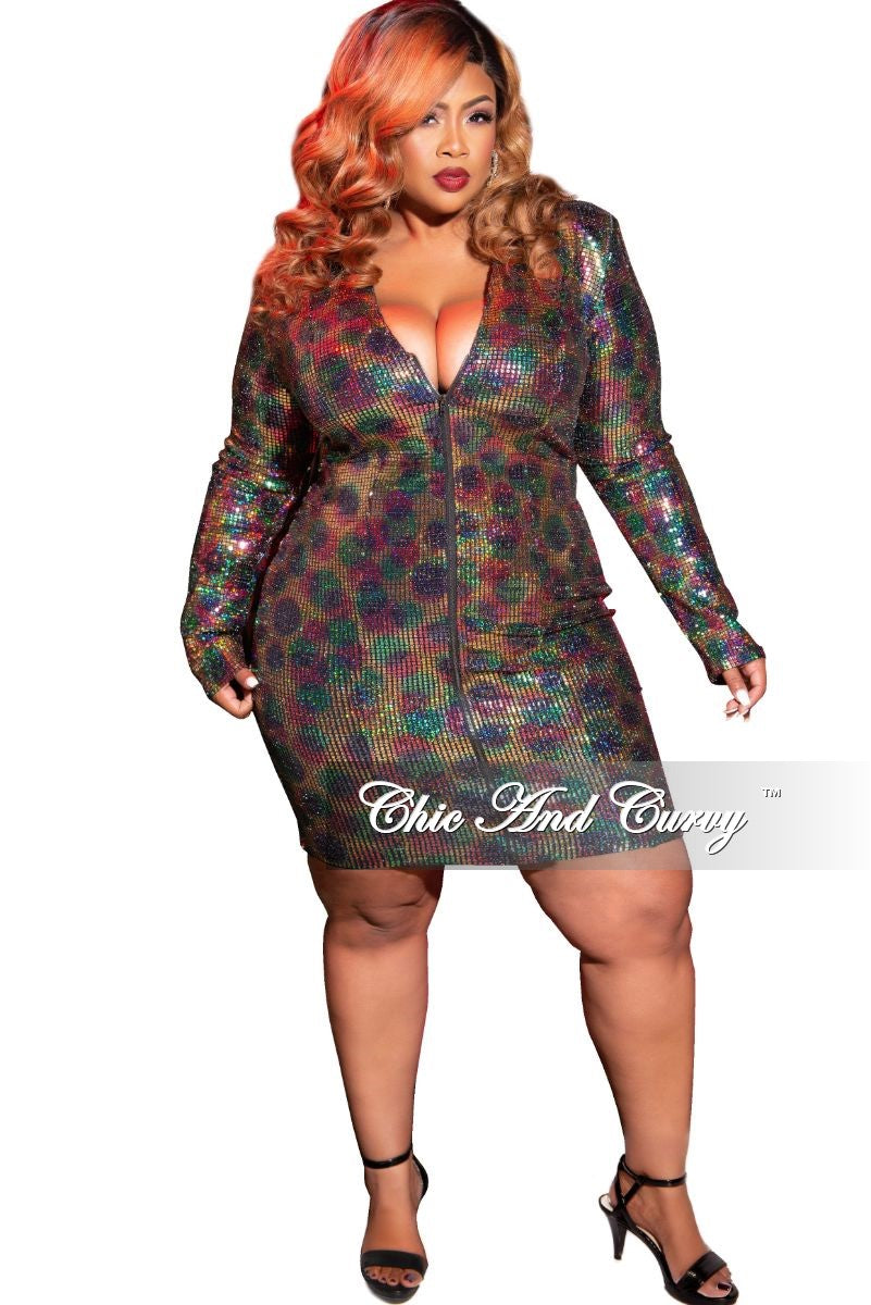 Final Sale Plus Size Faux Sequin Zip-Up Bodycon Dress in Rainbow Print