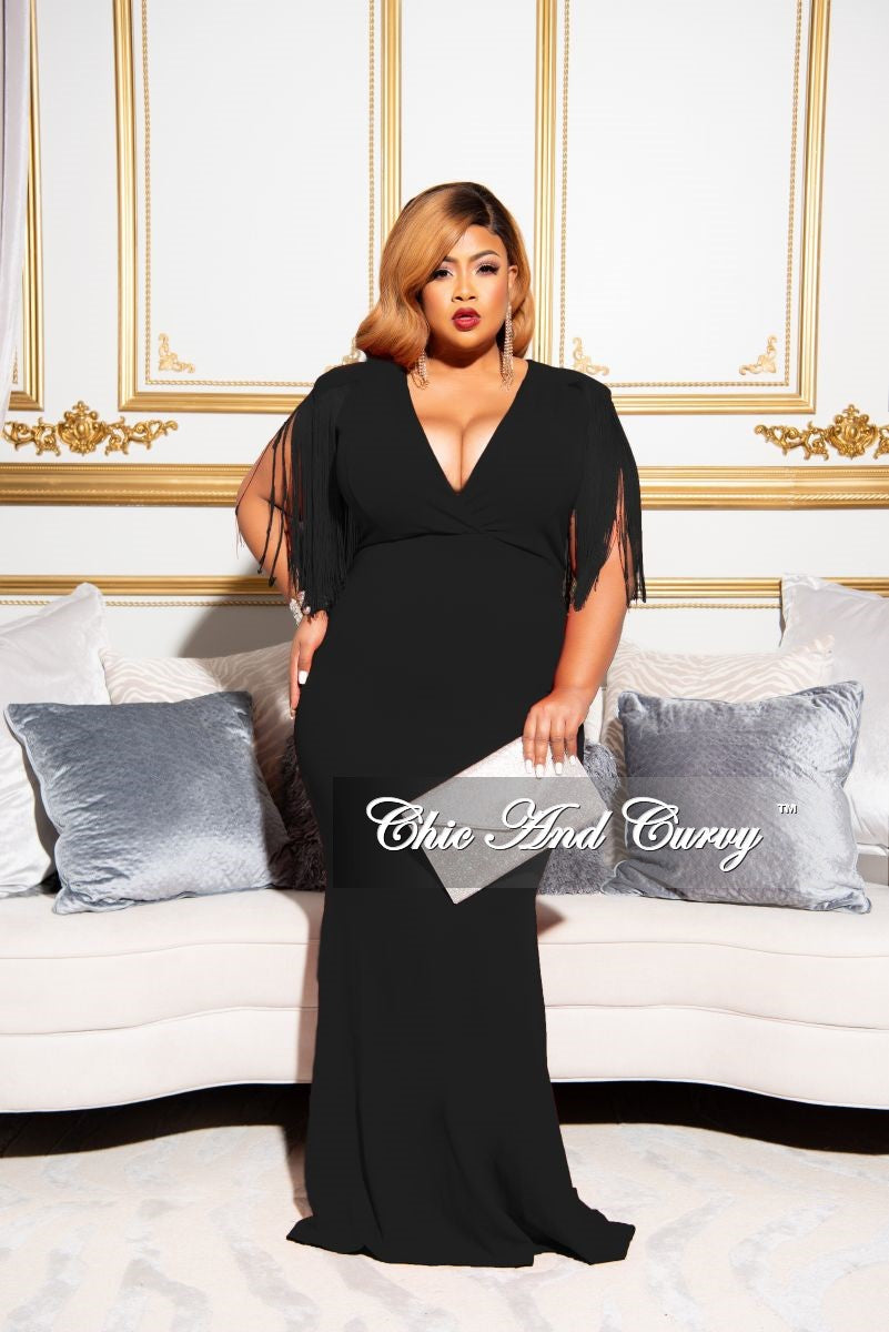 black dress sale Final Sale Plus Size Fringe Shoulder Gown in Black