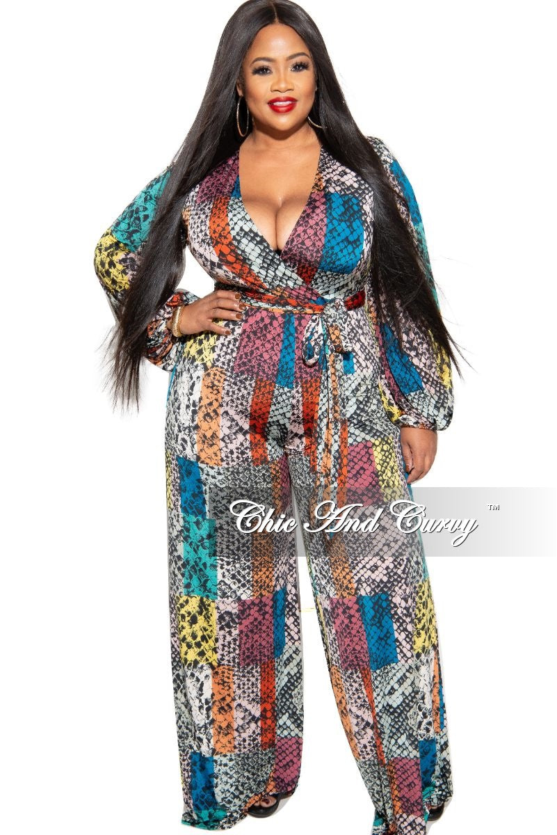 Final Sale Plus Size Long Sleeve Faux Wrap Jumpsuit with Attached Tie in Multi-Color Print