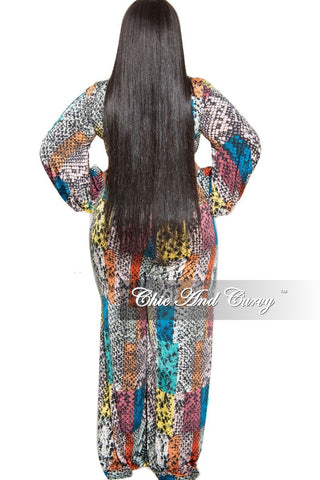 Final Sale Plus Size Long Sleeve Faux Wrap Jumpsuit with Attached Tie in Multi-Color Print