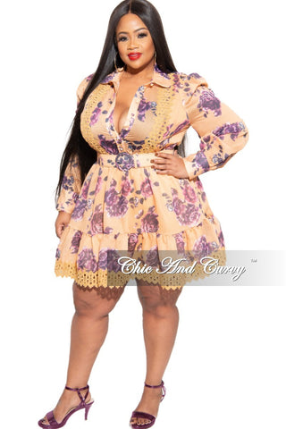 Final Sale Plus Size Baby Doll Dress with Mustard and Purple Print