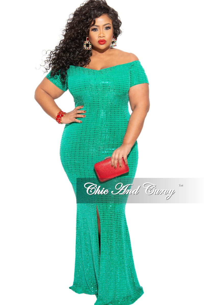 Final Sale Plus Size Faux Sequin Off the Shoulder Split Gown in Green