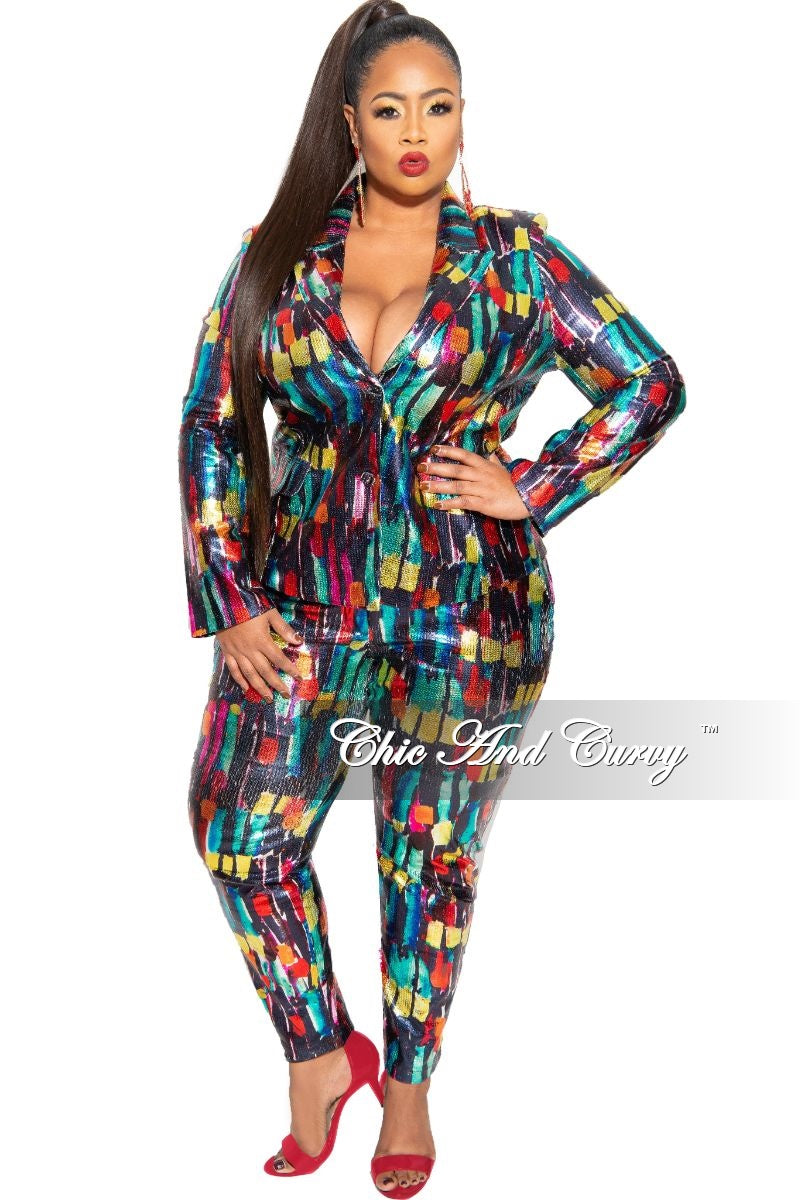 plus size dress pant suits for women Final Sale Plus Size 2-Piece Pants Suit in Multi-Color Metallic Fabric