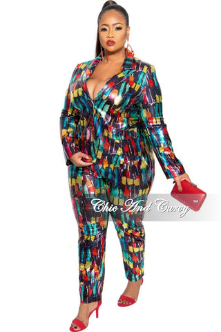 Final Sale Plus Size 2-Piece Pants Suit in Multi-Color Metallic Fabric