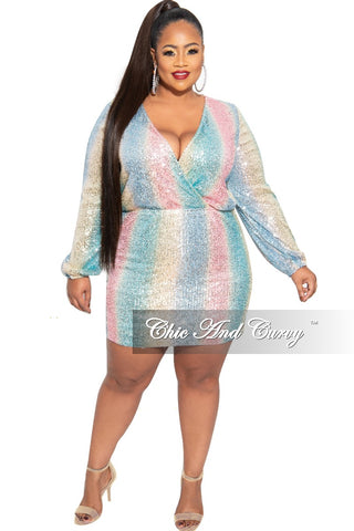 Final Sale Plus Size Faux Wrap Sequin Mini Dress in Multi Pink Blue Yellow