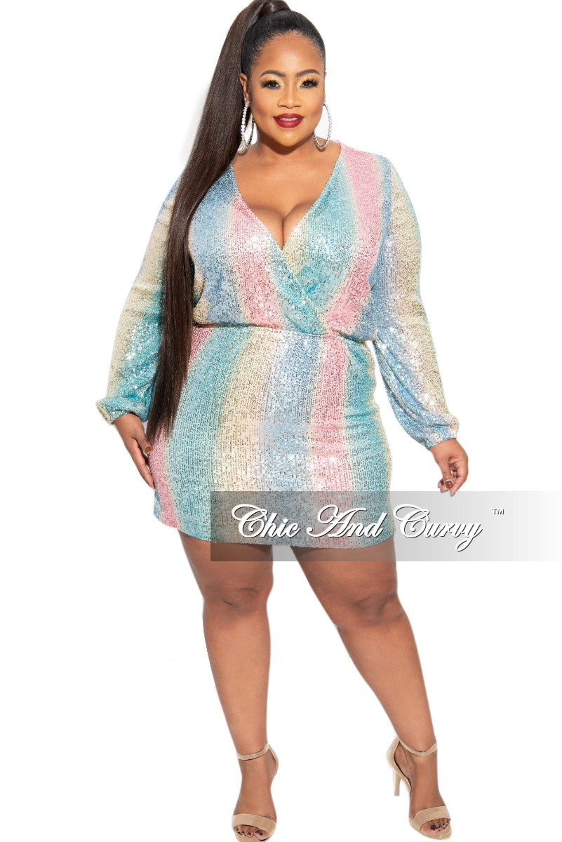 Final Sale Plus Size Faux Wrap Sequin Mini Dress in Multi Pink Blue Ye Chic And Curvy Final Sale Plus Size Faux Wrap Sequin Mini Dress in Multi Pink Blue Ye Chic And Curvy