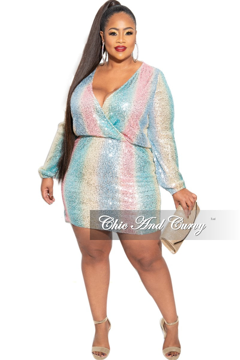 Final Sale Plus Size Faux Wrap Sequin Mini Dress in Multi Pink Blue Yellow Final Sale Plus Size Faux Wrap Sequin Mini Dress in Multi Pink Blue Yellow