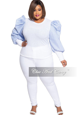 Final Sale Plus Size Ribbed Ruffled Peasant Sleeve Top in Blue and White Stripe