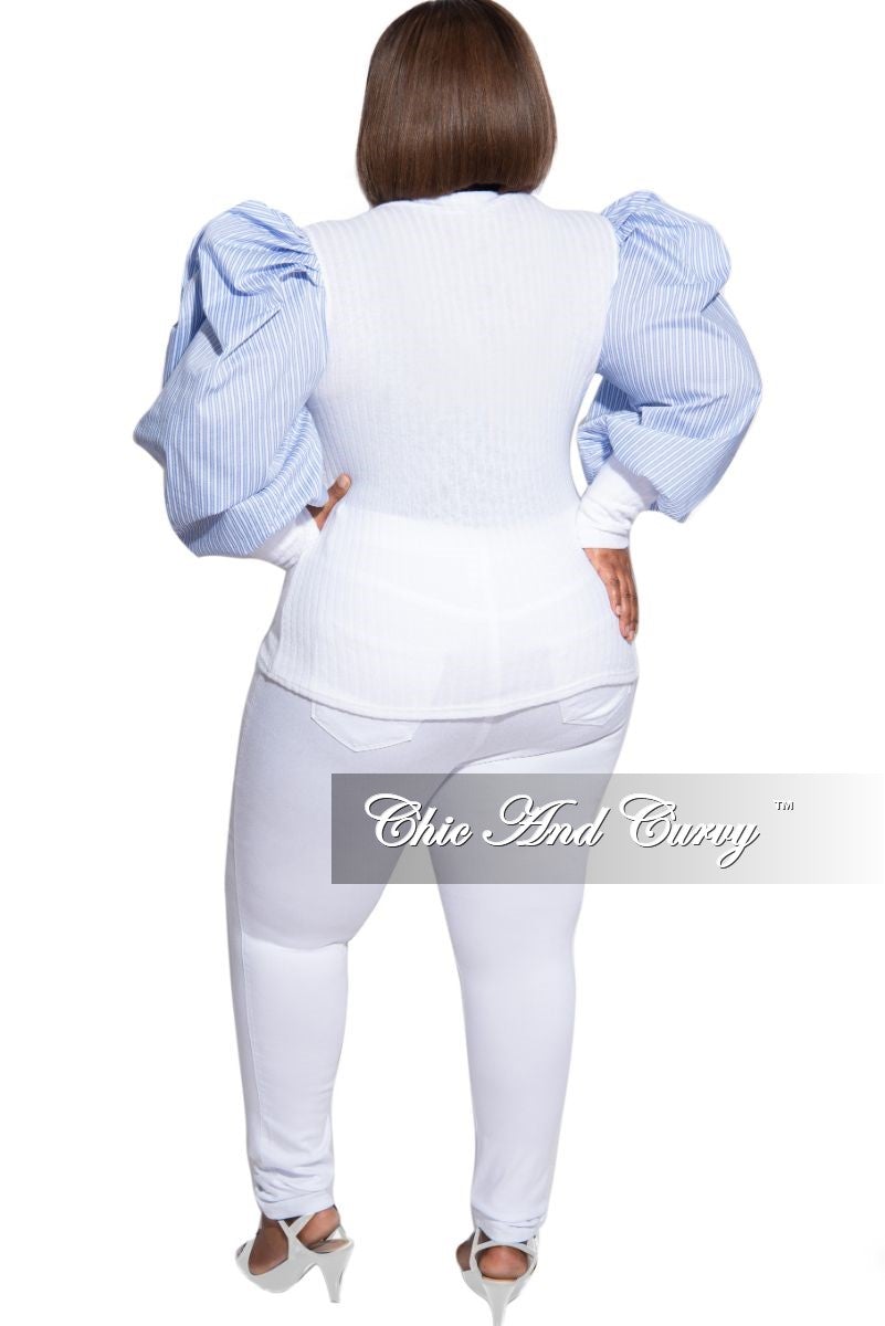 Final Sale Plus Size Ribbed Ruffled Peasant Sleeve Top in Blue and White Stripe