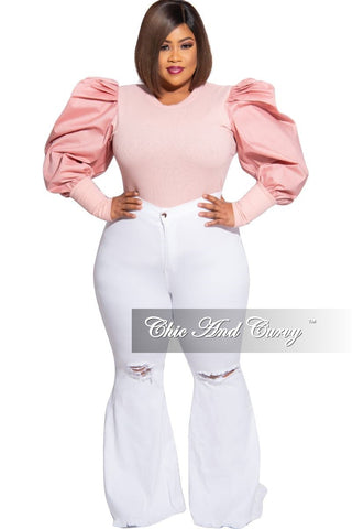 Final Sale Plus Size Ribbed Ruffled Peasant Sleeves Top in Mauve
