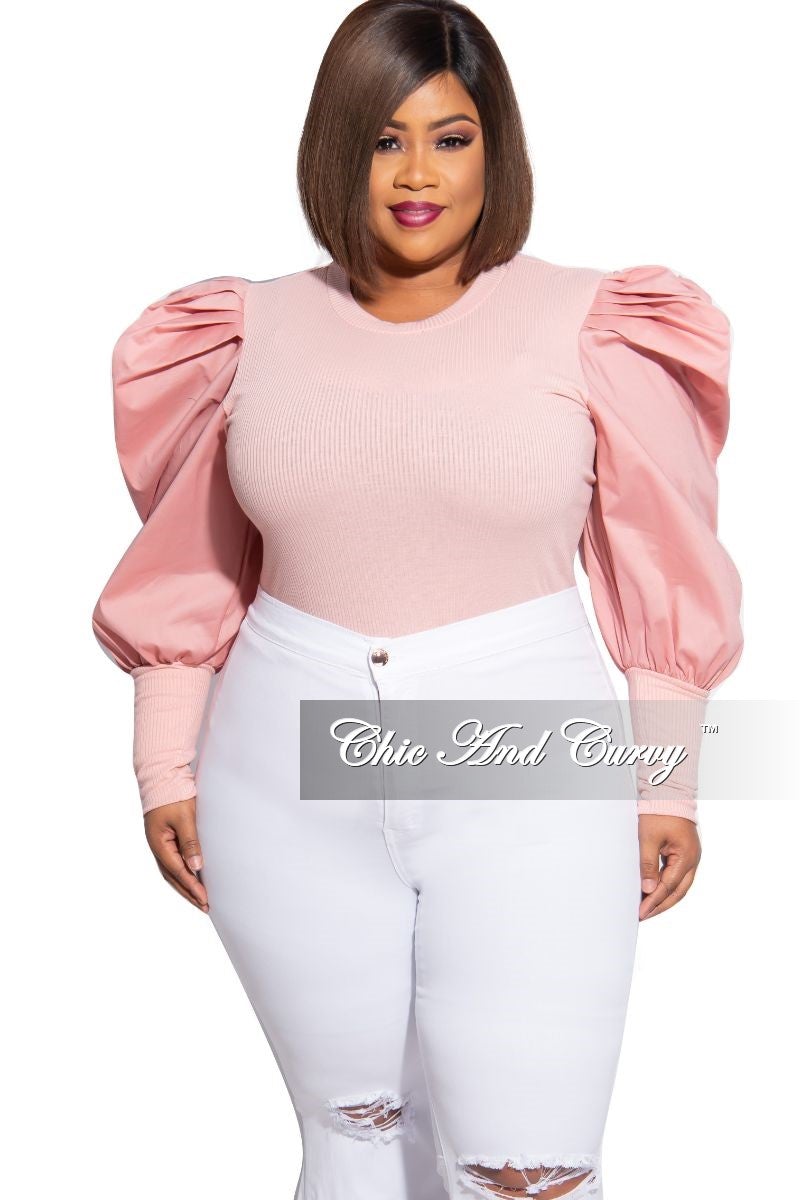 Final Sale Plus Size Ribbed Ruffled Peasant Sleeves Top in Mauve